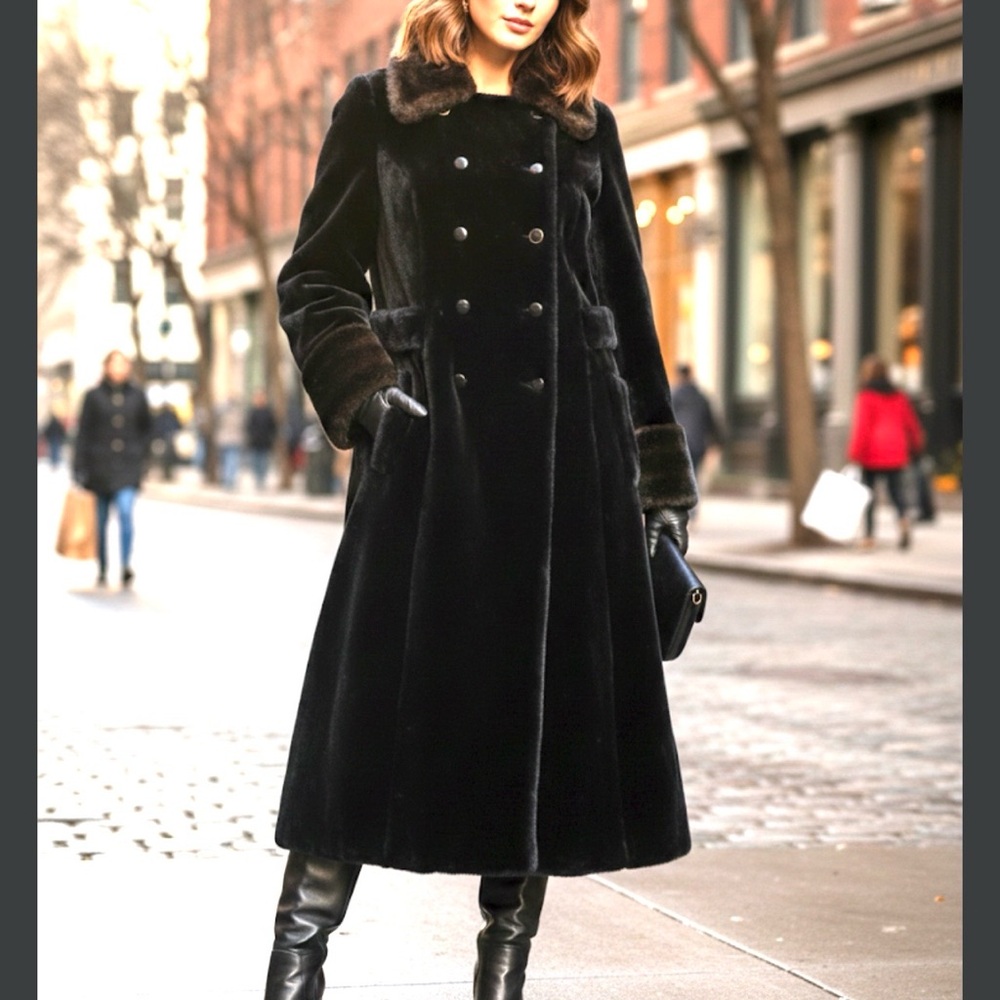 Vintage Black Faux Fur Elegant Black Double-Breasted Women's Coat